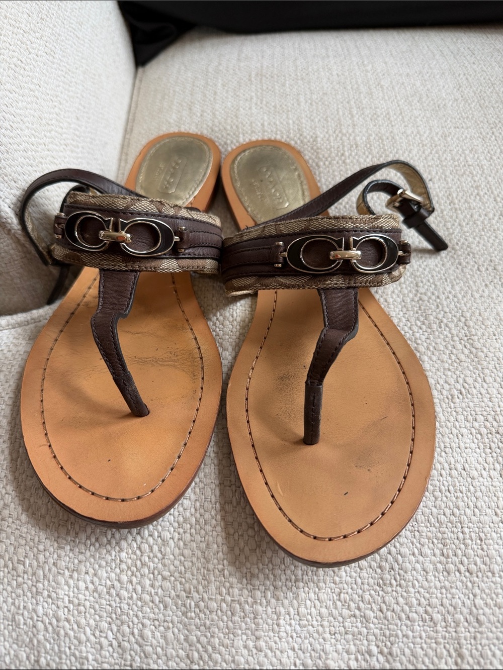 Coach Brown Leather and Signature Canvas Thong Sandals with Gold Hardware